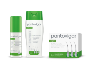 Auf dem Bild werden alle Produkte von Pantovigar® dargestellt. Pantovigar® vegan Kapseln, Pantovigar® Shampoo und Pantovigar® Tonic.